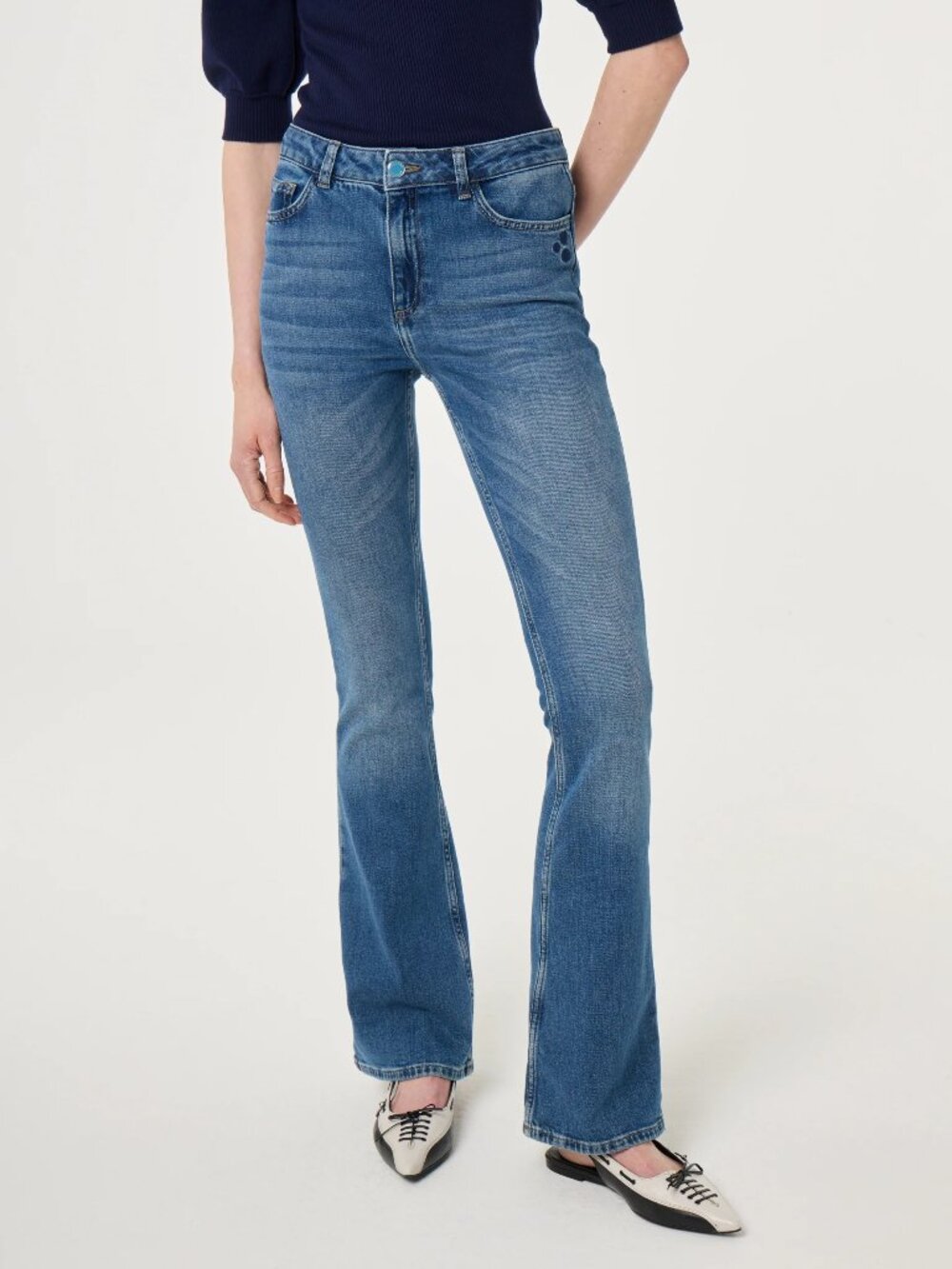 FABIENNE CHAPOT EVA FLARE JEANS HIGH RISE HEART EMBROIDERY STRETCH DENIM 33/34